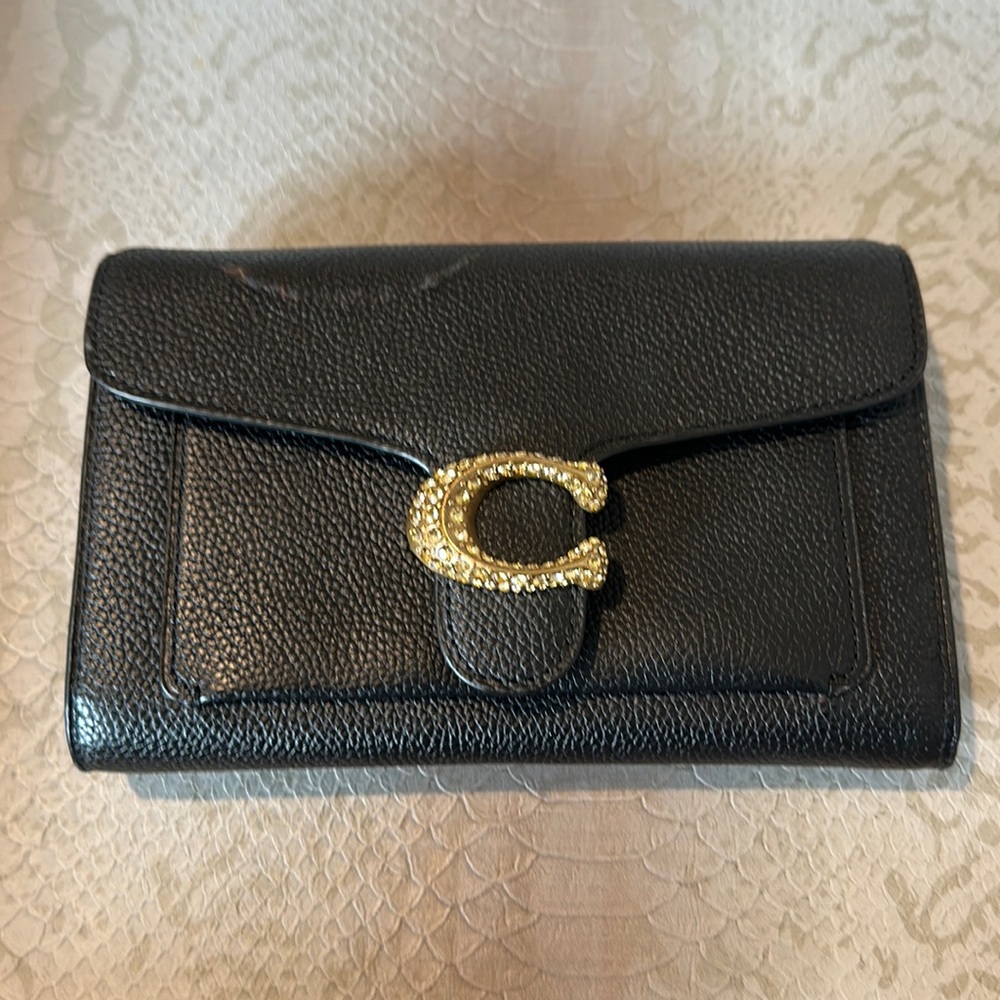 Coach Tabby Wallet on Chain / Clutch in Black Leather with rhinestone logo clasp